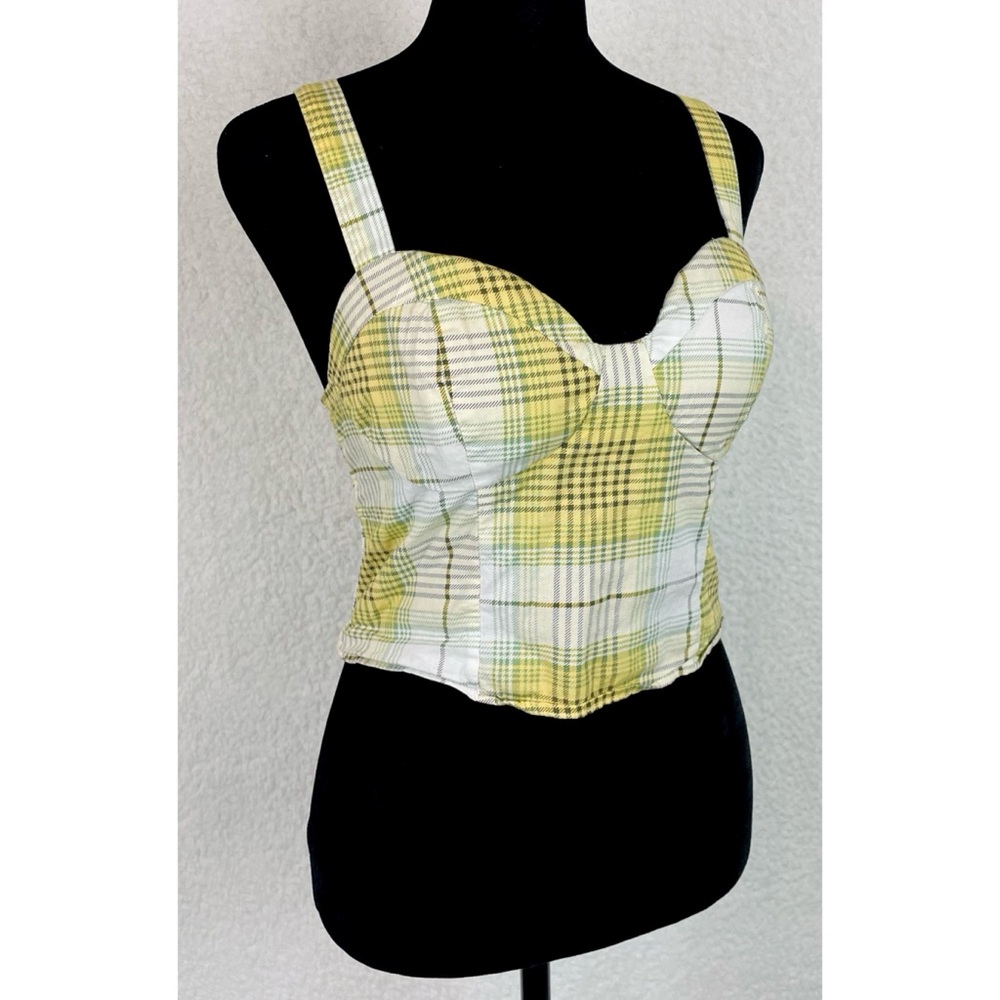 TWINE & STRING • Yellow/Green/White/Brown Plaid Bustier Smocked Crop Top, L - Picture 10 of 16